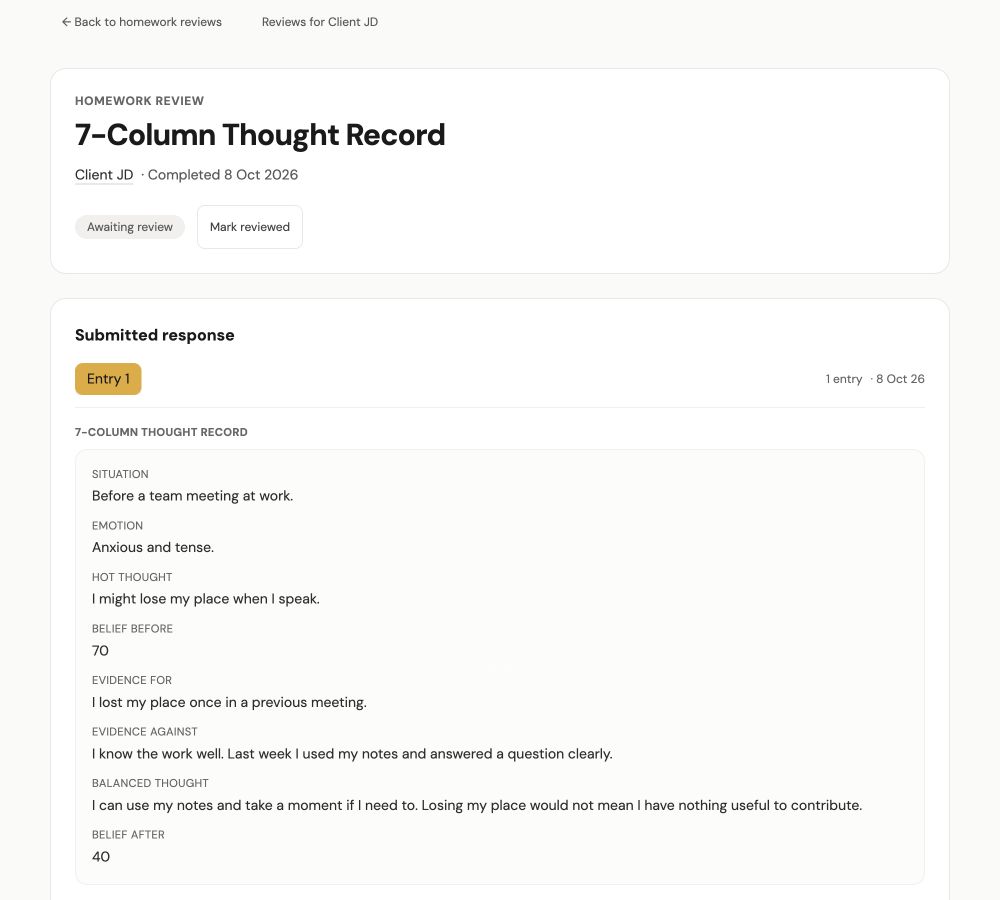 Formulate therapist homework review with fictional answers about speaking in a team meeting, an awaiting review status and the Mark reviewed action.