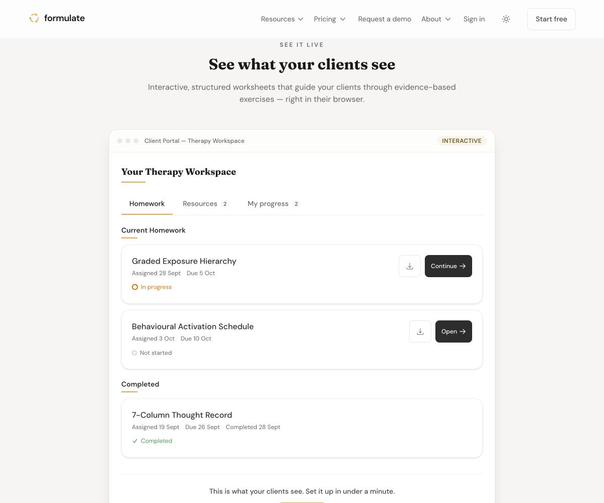 Formulate’s public client workspace demo showing fictional assigned homework and completed work.